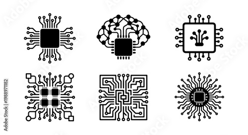 Electronic microchip circuit icons, 6 black CPU processor vectors, AI brain hardware