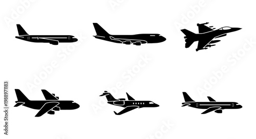 Airplane silhouette icons set, 6 black aircraft vectors, commercial and military planes
