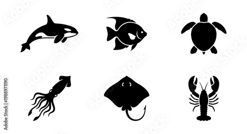 Marine animal silhouette icons, 6 sea life vector elements, aquatic creature set