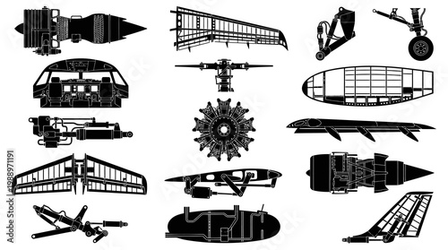 Aircraft Parts Black and White Silhouettes Vector - Aviation Industry