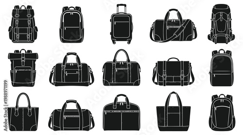 Black and White Glyph Icons of Various Travel Bags and Backpacks