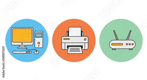 Computer printer and router icons on white background.