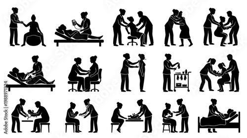 Medical Midwifery and Childbirth Care Silhouettes - Pregnancy and Newborn Healthcare Icons