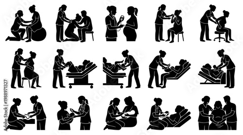 Pregnant Woman Midwife Assistance Silhouette Icons - Maternity, Labor, Delivery, Postnatal Care Vector