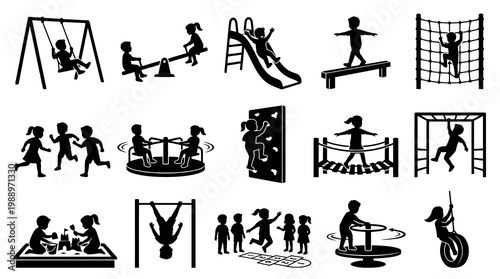 Children Playground Activities Glyph Icons Set. Kids Playing on Swings, Slides, See-saws Silhouettes