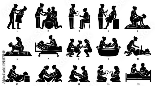 Pregnancy Birth Positions Midwife Medical Line Art Black White