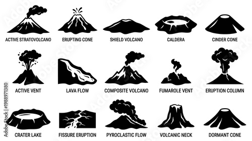 Geology Volcanoes and Volcanic Activity Glyph Icons Set