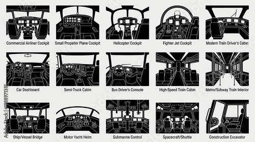Transportation Vehicle Cockpits, Cabins  Control Panels - Black and White Line Art