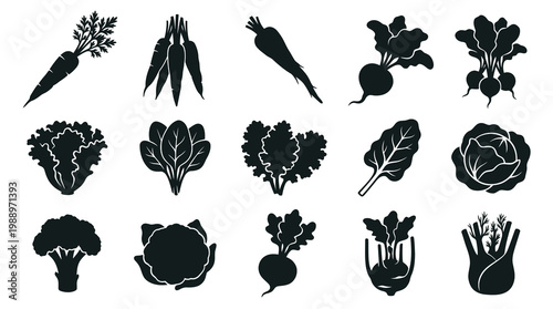 Healthy Food  Agriculture Black and White Vegetable Silhouette Vector Icon Set