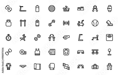 Gym Equipment icon set. Fitness vector icons pack. Includes treadmill, barbell, kettlebell, yoga mat, boxing gloves, smartwatch and more. Editable stroke.