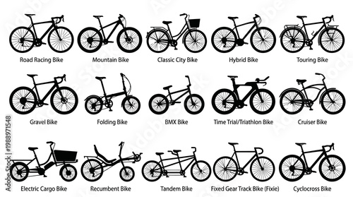 Black and white line art illustration of various bicycle types