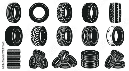 Black  White Vector Icons of Car Tires for Automotive Industry
