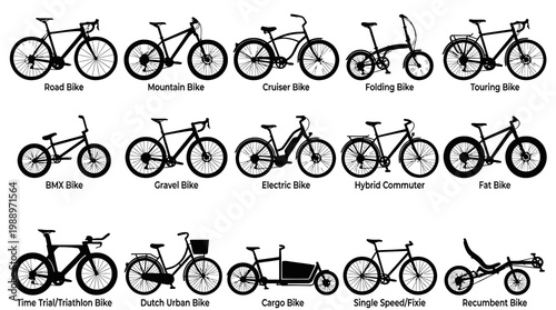 Cycling Bicycle Types Silhouette Icons Set: Road, Mountain, Electric, Hybrid, Cargo Bikes