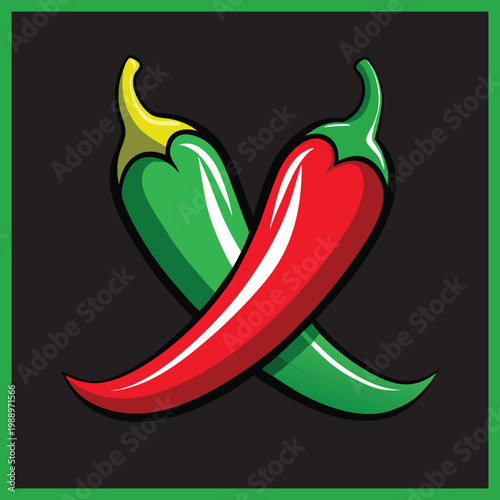 Two chili peppers one red and one green crossed against a black background with a green border vegetable ingredient illustration culinary vegetables contrasting isolated contrast flavorful