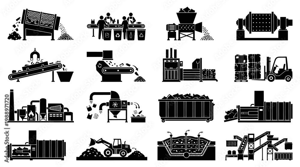 Fototapeta premium Recycling Plant and Machinery Icons - Industrial Black and White Glyph