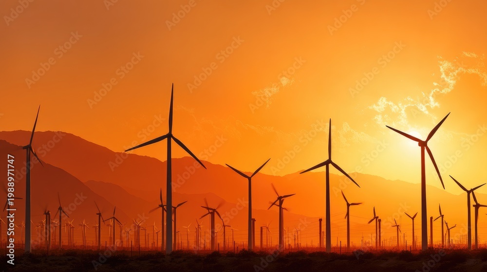 Obraz premium Wind Turbines Against a Vibrant Sunset Over Mountain Landscape