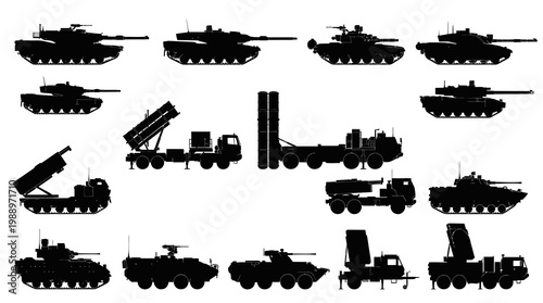Military Combat Vehicles Silhouette Vector Set - Army Tanks, Missile Launchers, Artillery