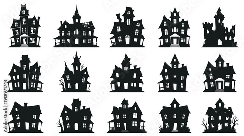 Halloween Haunted House Silhouettes Collection - Spooky Mansions  Creepy Castle Glyphs