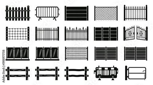 Black and White Vector Icons of Various Fences and Gates