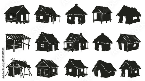 Black and White Silhouettes of Various Rustic Huts and Homes