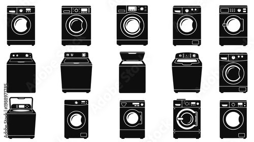 Washing Machines Glyph Icons Set. Laundry Home Appliance Black Silhouette Vectors.