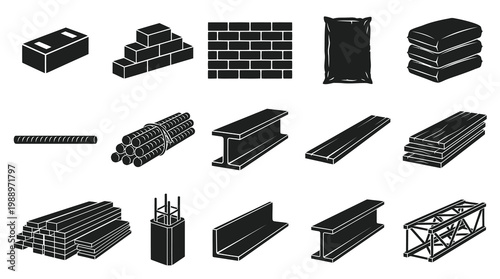 Construction Building Materials and Components Black  White Glyph Icons