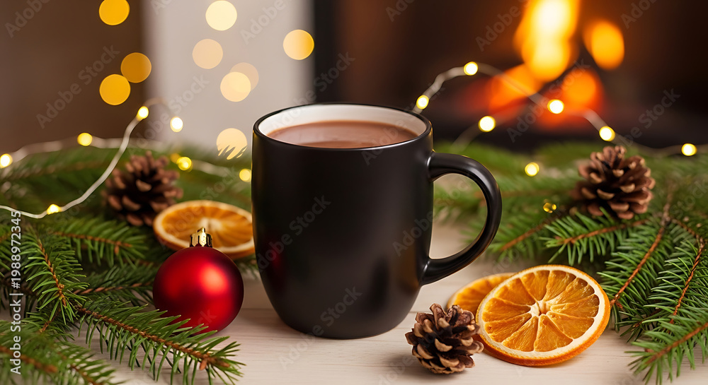 Fototapeta premium Cozy Christmas Scene with Hot Chocolate by a Fireplace and Festive Decorations