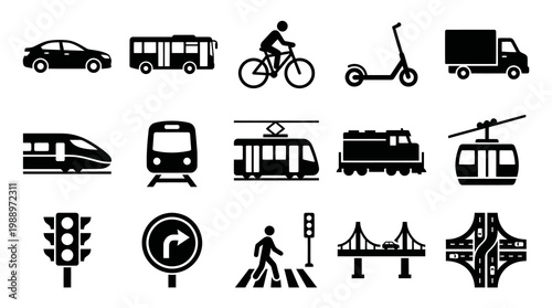 Transportation Glyph Icons Set - Vehicles, Traffic, Infrastructure, and Urban Mobility Symbols
