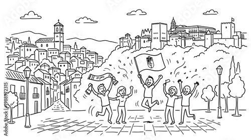 Excited Group of People Celebrating with Flags in Cityscape.