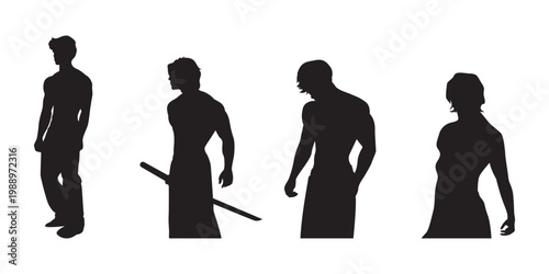 Collection of muscular male silhouettes isolated on transparent background, fitness body shapes.