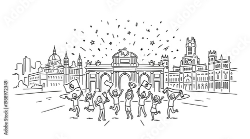 Joyful People Celebrating with Flags and Confetti in Cityscape.