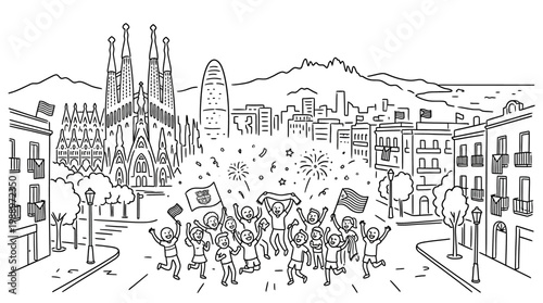 Joyful Crowd Celebrating with Flags in Barcelona Cityscape Illustration.