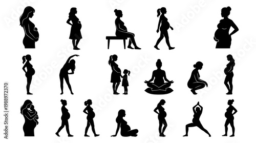 Silhouette pregnant women yoga diverse poses maternity healthcare vector art