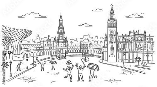 Seville Spain Cityscape Sketch with People and Famous Landmarks.