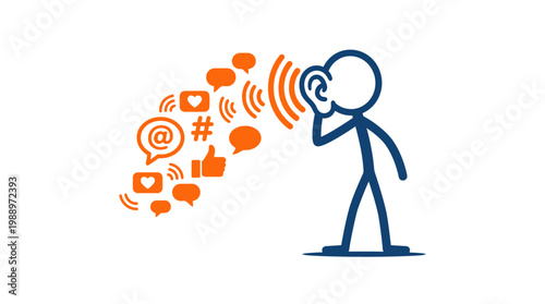 Stick Figure Listening to Social Media Messages and Notifications.