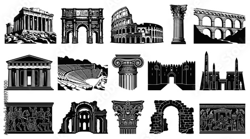 Ancient Civilizations Architectural Landmarks Black  White Vector Art Set