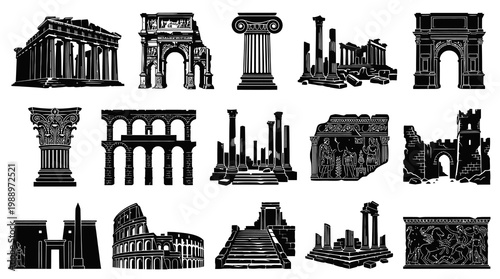 Ancient History  Architecture: Black  White Vector Silhouette Icons of Famous Landmarks and Ruins