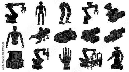 Black  White Icons of Robots, Robotic Arms, Machines, and Hand