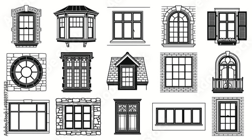 Vector Black and White Line Art Collection of Various Architectural Window Styles