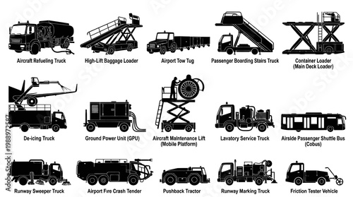 Airport Ground Support Equipment Vector Set - Black  White Line Art
