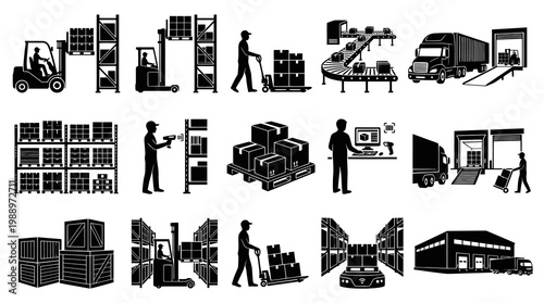 Industrial Logistics and Warehousing Operations Black Glyph Icons Set