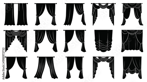 Classic Black Curtains  Drapes Vector Silhouettes for Interior Design Icons