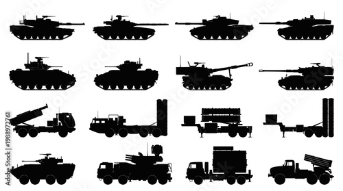 Military Vehicles Silhouettes: Tanks, Trucks, Missile Launchers - Vector Art