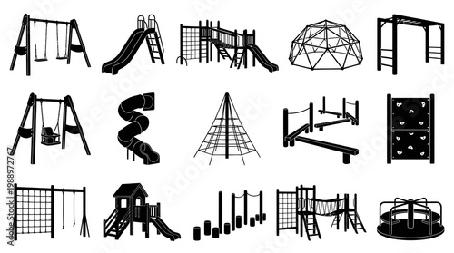 Playground Equipment Set Black  White Silhouette Icons - Children's Outdoor Play Recreation