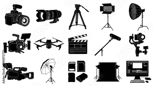 Filmmaking Photography Studio Equipment Black White Glyph Icons Set