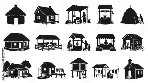 Traditional Rural Village Life  Farm Buildings Black Silhouette Icons Vector Set