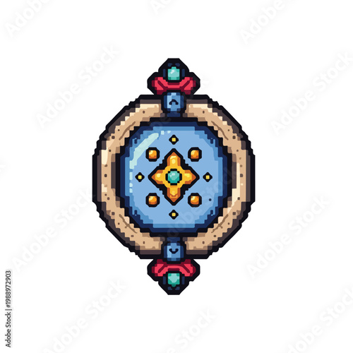 An intricate pixel art vector of a circular amulet or shield, featuring a blue gem-set center, golden accents, and ornate red and teal details.