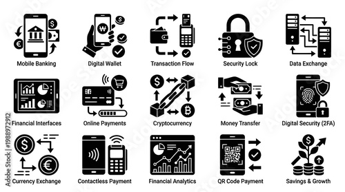 Financial Technology Icons: Mobile Banking, Security, Data Exchange, Crypto