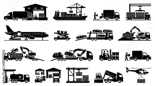 Logistics Icons: Black  White Silhouettes of Transportation and Warehousing