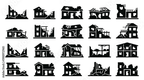 Black  White Glyph Icons of Ruined Houses, Destroyed Buildings